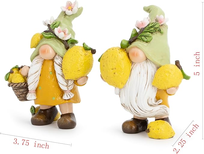 Hodao Set of 2 Lemon Gnome Figurines Sets - Lemon-Themed Gnomes Indoor Home Decor for Summer - Decorative Gnomes for Kitchen, Living Room, or Shelf - Cute Yellow Ornaments for Thanksgiving (Yellow-2)