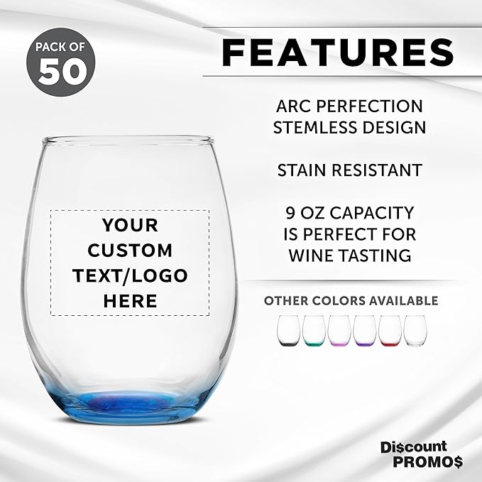 Custom Stemless Wine Glass 9 oz. Set of 50, Personalized Bulk Pack - Great for Wedding Favors, Bachelorette Party Decorations, Party Favors, Color Bottom - Blue