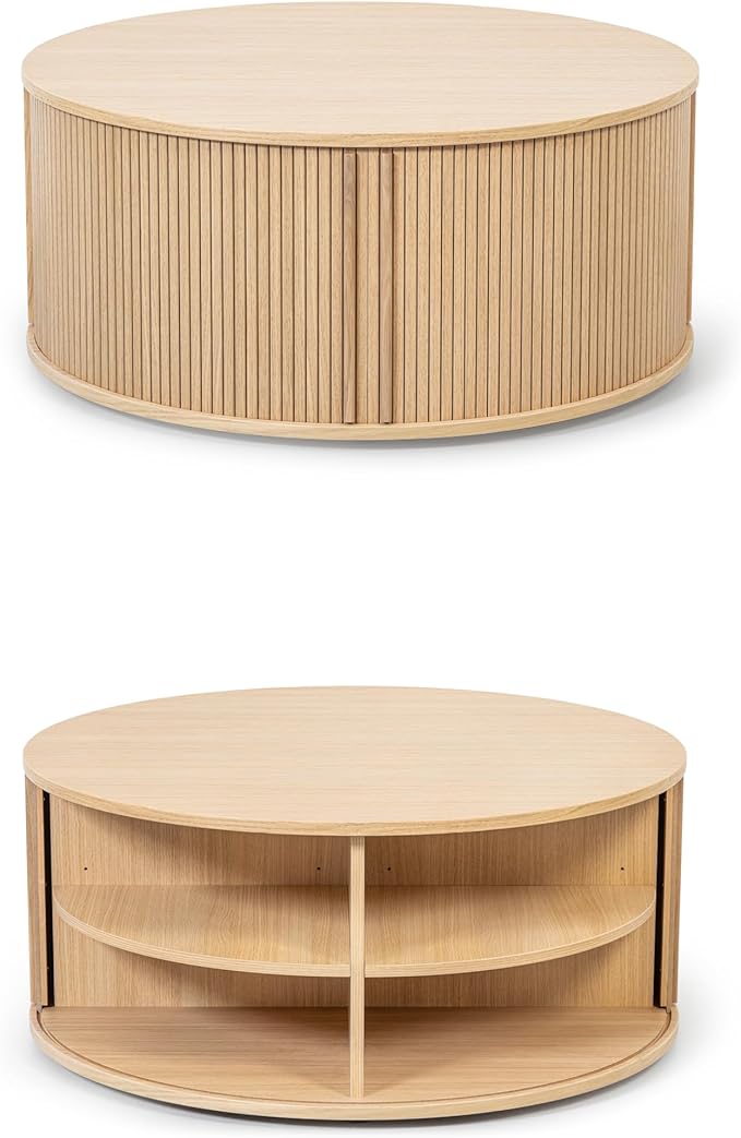 WERMO 35'' Round Coffee Table with Storage and Shelves - Round Center Table for Living Room and Office. Wood Mid Century Modern Coffee Tables for Living Room (Oak)