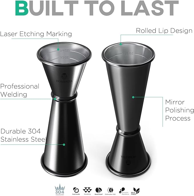 Homestia 2 Pack Japanese Jigger for Bartending, Double Cocktail Measuring Cup 304 Stainless Steel Jigger 2 oz 1 oz w/Measurements Inside for Bartenders, Bar Supplies (Black)