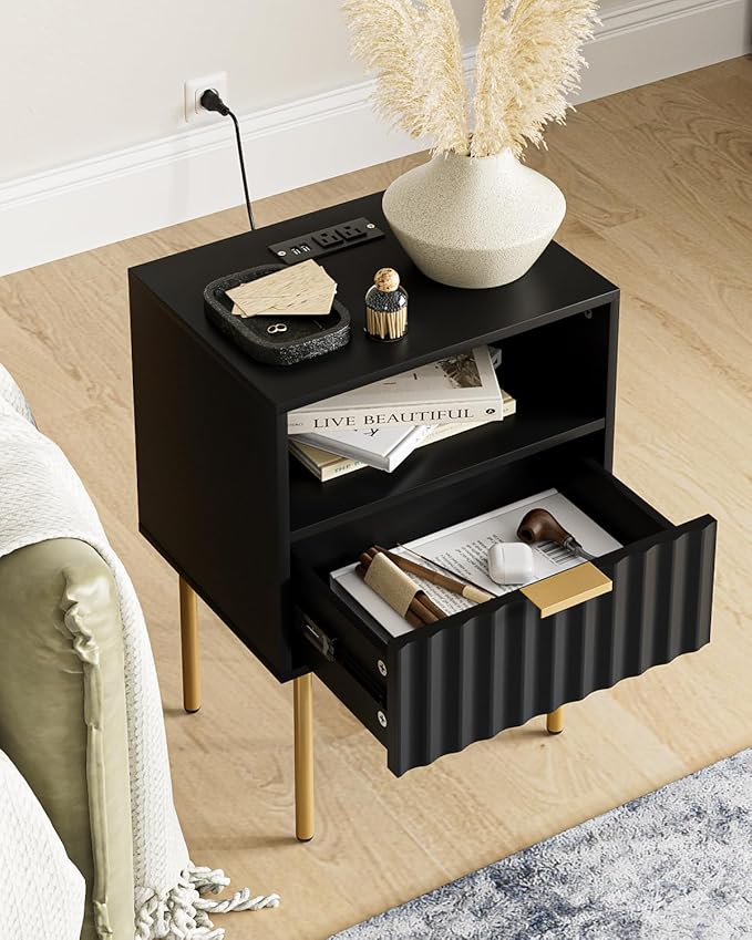 Masupu Nightstand with Charging Station,Mid-Century Modern Bedside Table with Storage Drawer and Open Wood Shelf,Small Gold Frame Side Table for Bedroom,Living Room (Black Fluted)