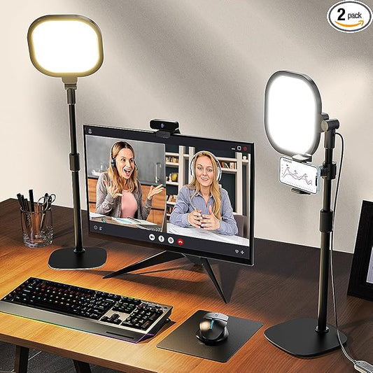 2Pcs Desktop Video Conference Lighting for Zoom Meeting, Computer, Laptop, Work from Home with Nature Soft Light, Adjustable Brightness & Color Temp and Flexible Stand & Versatile Phone Holder
