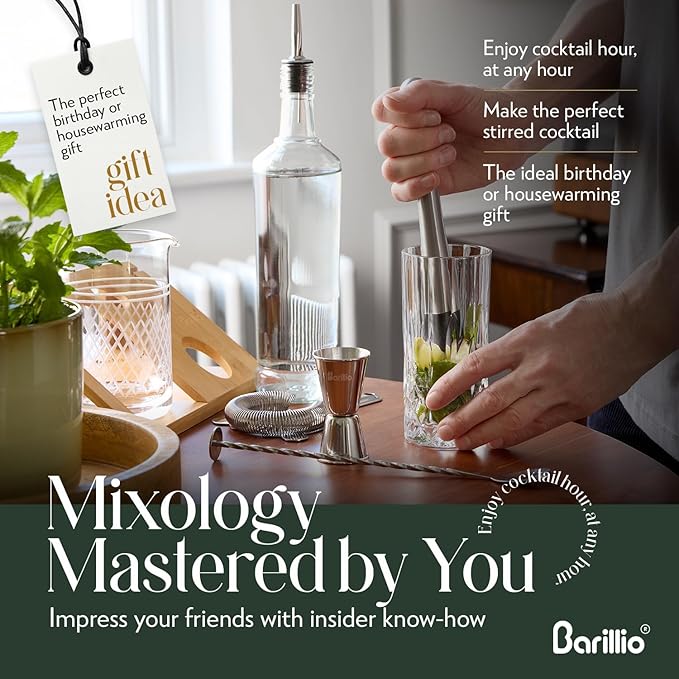 Barillio 20 Oz Crystal Cocktail Mixing Glass with Bamboo Stand & Bar Tools | Seamless Lead-Free Crystal, Weighted Base Stirring Pitcher | Including Muddler, Mixing Spoon, Jigger and Strainer