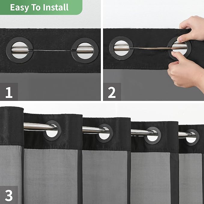 Black No Hook Shower Curtain with Snap-in Fabric Liner Set,Slub Textured Fabric Shower Curtains for Bathroom,Hotel Style Modern Shower Curtain,Water Repellent & Washable,71x74(72)