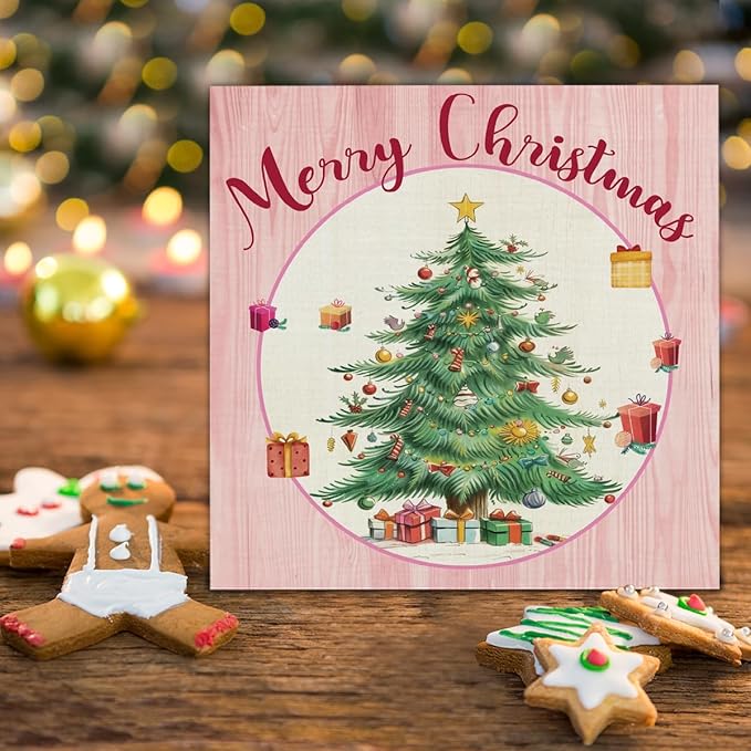Pink Christmas Wooden Sign - Merry Christmas Home Decor, 5 x 5 Inch