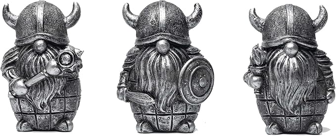 3PCS Viking Warrior Gnome Figurines Set-Viking Decor Home Ornament Mini Gnomes for Table,Shelves,Cabinet (Silver)