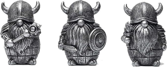 3PCS Viking Warrior Gnome Figurines Set-Viking Decor Home Ornament Mini Gnomes for Table,Shelves,Cabinet (Silver)