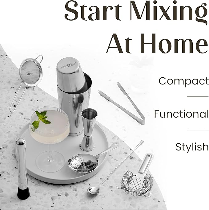 Mixology & Craft Cocktail Shaker Set - 11-Piece Bar Accessories Kit w/Weighted Boston Shaker, Strainer, Jigger, Muddler and More - Home Bartending Tools, Accessories for Bartender, Silver﻿