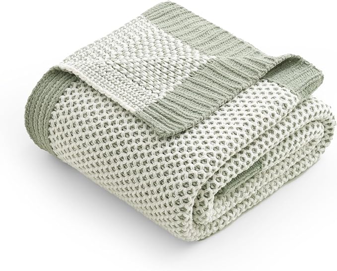 Amélie Home Honeycomb Knit Throw Blanket for Couch, Dual-Sided Soft Chenille Decorative Blankets for Sofa & Chair, 50"x60", Sage Green & White