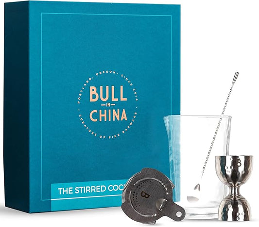 4 Piece Cocktail Kit by Bull In China - Premium Bartender Gift Set Includes Flagship Mixing Glass, 12 inch Barspoon, Bell Jigger & Hawthorne Strainer For Professional & Home Bars (Stainless Steel)