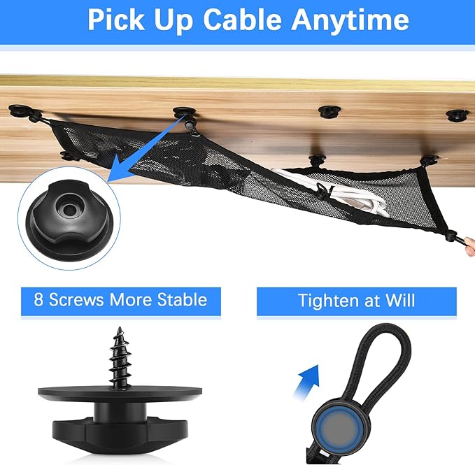 Cable Management Net Under Desk Kit, ZZM Privacy Mesh Cable Manager Flexible Under Desk Wire Net Large Capacity Cord Organizer Net for Office,Standing Desk, Home, 26 X 10 Inches