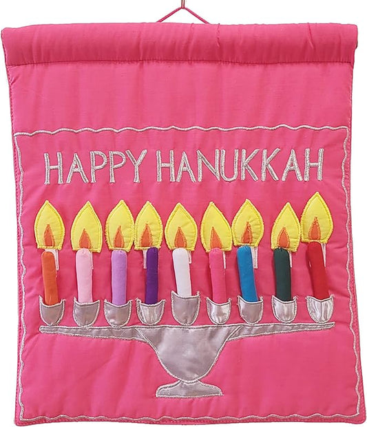 Jewish Happy Hanukkah Menorah Wall Hanging by Pockets of Learning | Brit Bat Gift, Festive Hebrew Holiday Décor, Judaica Fabric Advent Calendar | Chanukah Cloth Countdown with Candles and Pouch Pink