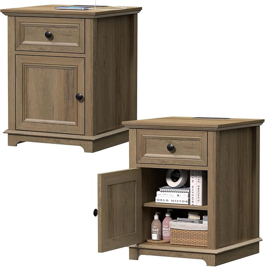 End Tables with Charging Station Set of 2, Side Tables with Drawer and Adjustable Shelf, Night Stand Set of 2, Wooden Side Table for Living Room/Bedroom/Office, Light Brown
