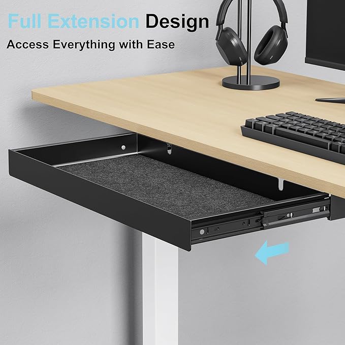 20.1 inch Under Desk Drawer, Pull-Out Storage Organizer with Full Extension Ball-Bearing Slides, Carbon Steel Undermount Drawer for Home Office Standing Desk, Black