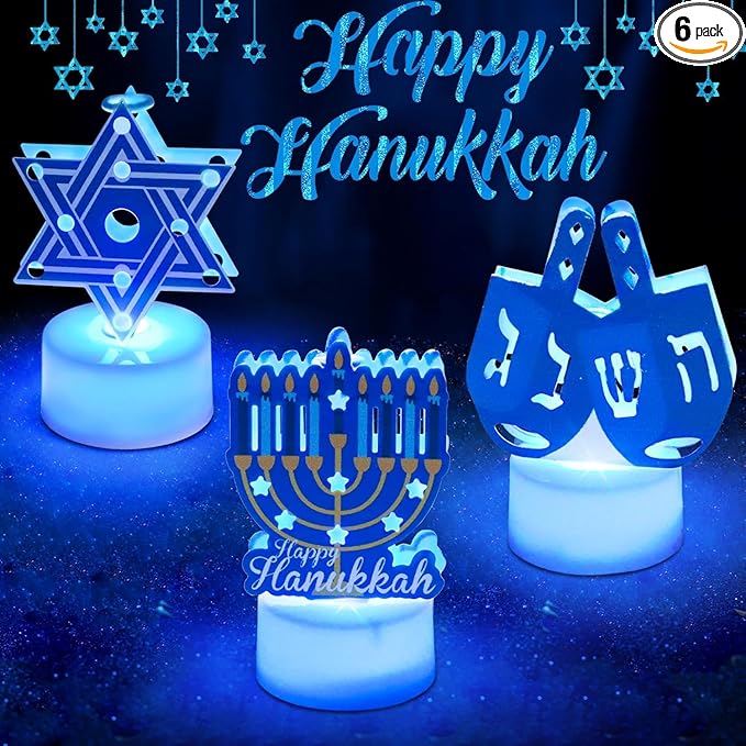 6 PCS Hanukkah Tea Lights Candles Battery Operated LED Flameless Tealight Candles, Blue Star of David Menorah Dreidel Hanukkah Decorations Centerpieces for Home Kitchen Party Decor
