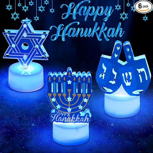 6 PCS Hanukkah Tea Lights Candles Battery Operated LED Flameless Tealight Candles, Blue Star of David Menorah Dreidel Hanukkah Decorations Centerpieces for Home Kitchen Party Decor