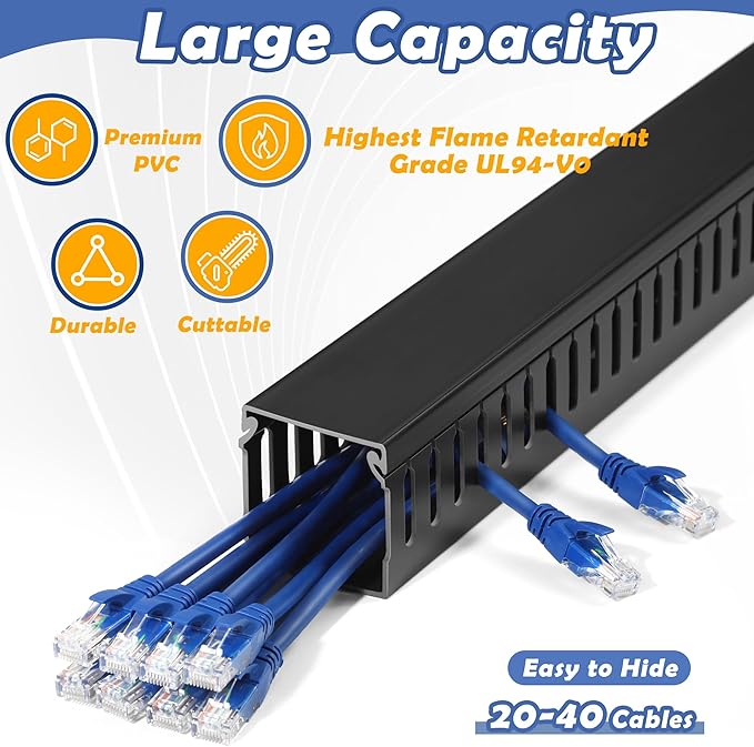 ZhiYo 99in(6X L16.5in) Professional Server Rack Cable Management Raceway, H2in x W2in Cable Raceway Kit, Electrically Safe PVC Open Slot Wire Raceway for Under Desk/Computer/Network Cords, Black