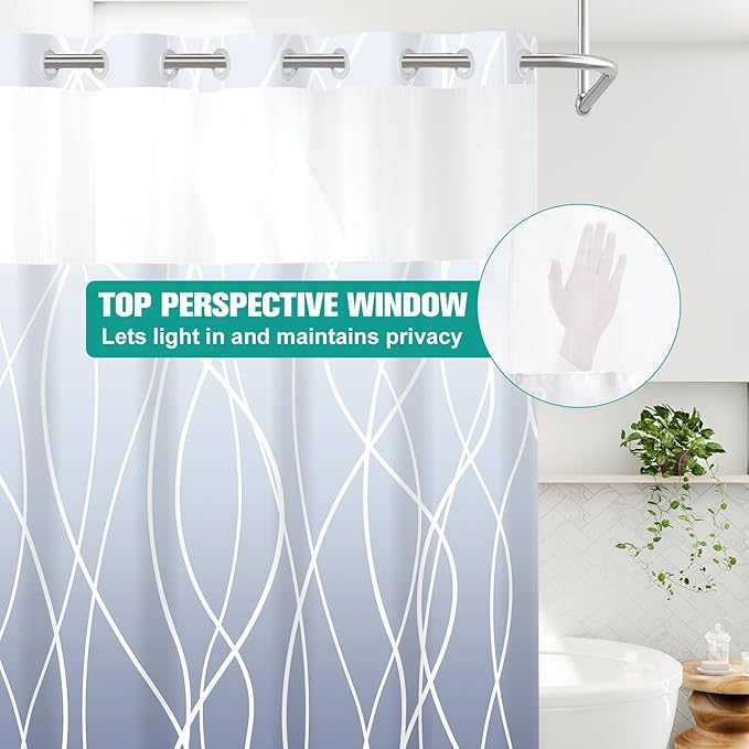 No Hook Ombre Blue Striped Stall Shower Curtain with Snap in Fabric Liner Set - Hotel Shower Curtain and Liner Set with See Through Mesh Top Window,Machine Washable, 54x80 INCH