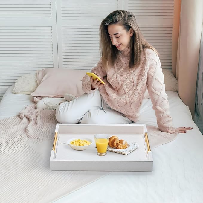 White Decorative Tray for Coffee Table, Modern Large Ottoman Tray for Living Room,Drink Coffee Serving Tray