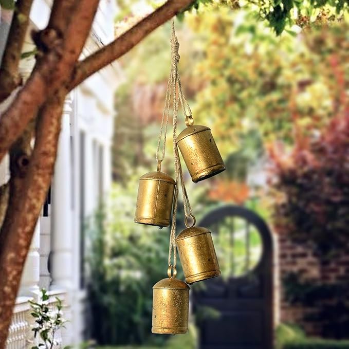 Styleonme Decorative Bells, Christmas Bell, Metal Indoor and Outdoor Blessing Bells, 4-Piece Set of Harmonious Bells, Vintage Handmade and Rustic Lucky Christmas Bells Hanging on a Rope