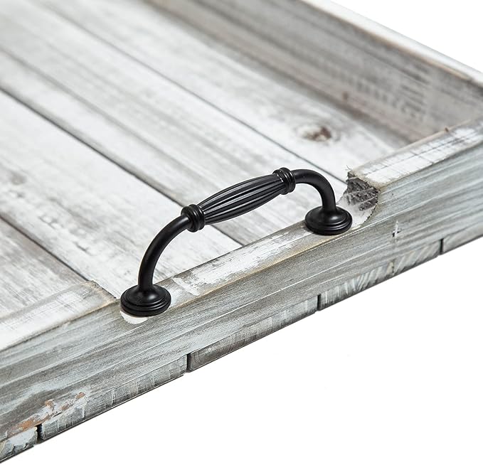 Rustic Vintage Big Wood Food Serving Trays with cutout Metal Handles(20 Inches) large Nesting Board Decorative Serving Trays Platter for Breakfast in Bed, Ottoman, Coffee Table, BBQ, Party(Gray white)