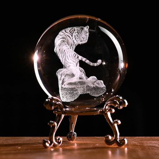 IFOLAINA 3D Tiger Crystal Ball Tiger Figurines in Crystal Ball 60mm Decor White Tiger Collectibles Decorative Globes Gift Glass Sphere Home Decor with Stand, Clear