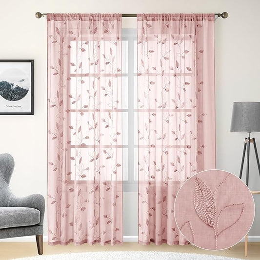 HOMEIDEAS Blush Pink Floral Sheer Curtains 84 Inches Long 2 Panels Embroidered Pattern Semi Sheer Window Curtains for Bedroom Living Room