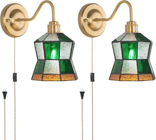 Plug in Wall Sconces Set of 2, Vintage Wall Lamps with Polygonal Checker Stained Glass Shade, Brass Lights Fixture Decor for Bedroom Bathroom Living Room Hallway