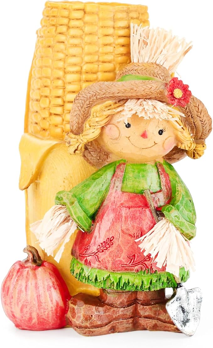 Handcrafted Thanksgiving Scarecrow Figurines, Fall Harvest Tabletop Decorations with Candle Holder, Autumn Resin Decor for Home, Porch, or Garden (Girl)