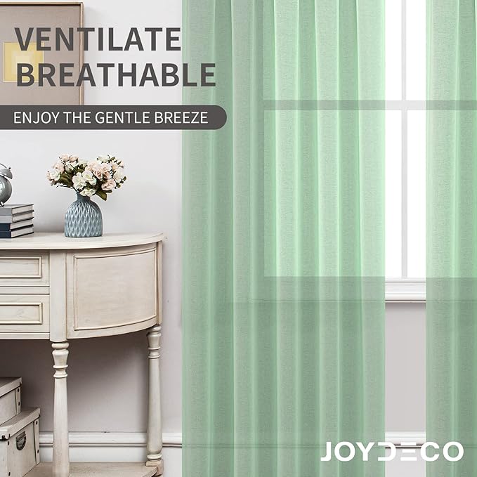 Joydeco Green Sheer Curtains 72 Inch Length 2 Panels Set, Rod Pocket Long Sheer Curtains for Window Bedroom Living Room, Lightweight Semi Drape Panels for Yard Patio (54x72 inch, Mint Green)