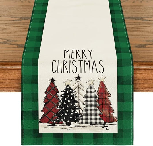 Artoid Mode Watercolor Green and Black Buffalo Plaid Christmas Trees Merry Xmas Table Runner, Seasonal Winter Holiday Kitchen Dining Table Decoration for Indoor Outdoor Home Party Decor 13 x 60 Inch