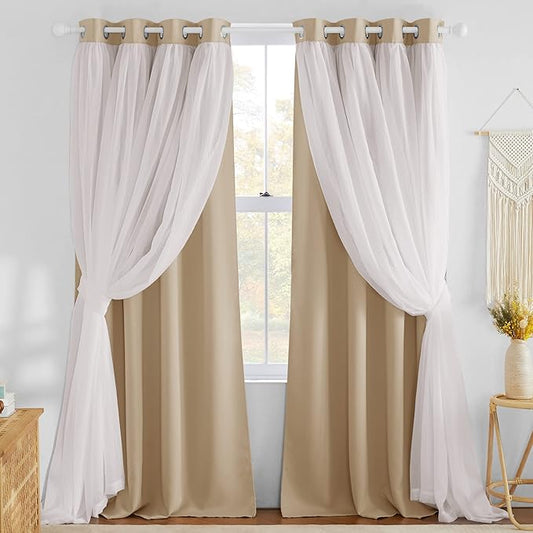 NICETOWN Curtains 84 inches Long - Farmhouse Curtains for Bedroom Living Room Decor Double Layer Grommet Blackout Soundproof Darpes with Crushed White Sheer, Biscotti Beige, 52W x 84L, 2 Panels