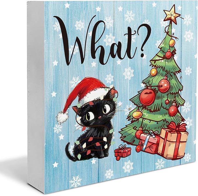 Funny Christmas Decorations, Black Cat Wooden Sign Decor, Christmas Tree Wooden Block Sign, Christmas Decor for Table Shelf 5 x 5 Inch