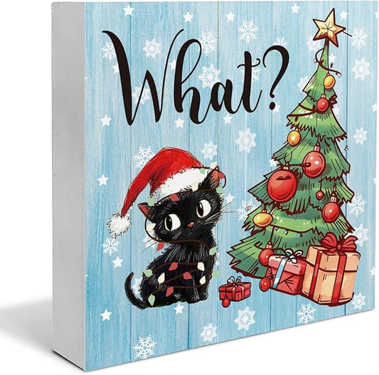 Funny Christmas Decorations, Black Cat Wooden Sign Decor, Christmas Tree Wooden Block Sign, Christmas Decor for Table Shelf 5 x 5 Inch