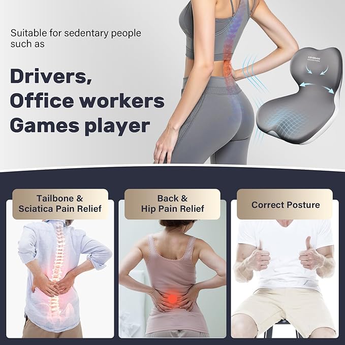 Coverado Car Seat Cushion and Lumbar Support Pillow One Piece, Memory Foam Ergonomic Back Support Driving Seat Cushion for Back Pain, Non-Slip Washable Cushion for Car, Driver, Office