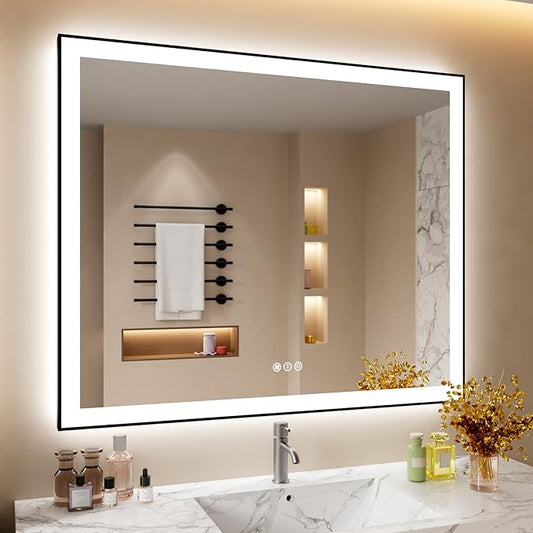 48x40 Inch LED Bathroom Mirror with Black Frame, Backlit and Front Lighted Bathroom Mirrors for Wall, Anti-Fog, Dimmable, Memory, Shatterproof, LED Vanity Mirror for Bathroom