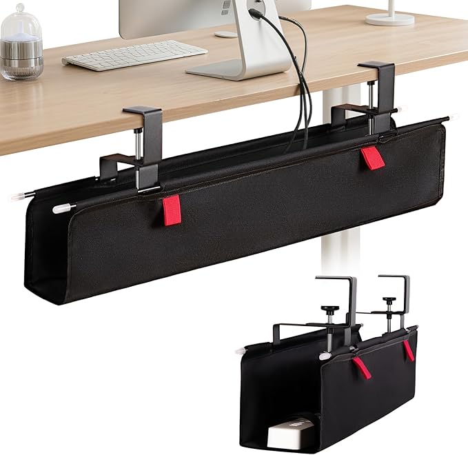 No Drill Under Desk Cable Management Tray - 28" Cord Management Under Desk - No Drill Needed - Easy Clamp - Premium Fabric Cable Management Tray for Office/Home