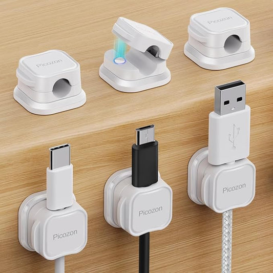 6 Pack Magnetic Cable Clip Organizer Cord Holder, Picozon Adhesive Cable Management, Wire Phone USB Charger Cable Holder, Keeper Organizer for Office Home Desktop Table - White