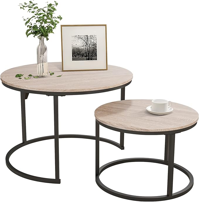 HOJINLINERO Industrial Round Coffee Table Set of 2 End Table for Living Room,Stacking Side Tables, Sturdy and Easy Assembly,Wood Look Accent Furniture with Metal Frame,Black+Teak Oak