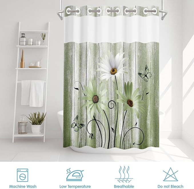 No Hook Daisy and Butterfly Shower Curtain with Snap in Fabric Liner Set, Green Rustic Farmhouse Double Layers Waterproof Fabric with See Through Top Window Open Grommet Bath Curtain 71x74 Inch