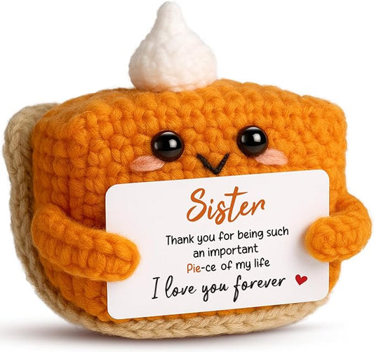 Thank You Gifts for Sister from Brother Sister, Mini Crochet Pumpkin Pie Plush Birthday Gifts, Halloween Thanksgiving Christmas Stocking Stuffer Emotional Small Cute Decorations