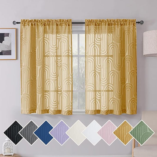 Simplebrand Gold Sheer Curtains 54 Inch Length 2 Panels, Geometric Mid Century Jacquard Clip Textured Short Curtains Sheer for Bedroom, Light Filtering Rod Pocket Window Curtains, 42Wx54L Inches