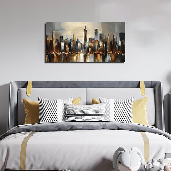 GUGIKA City Wall Art for Living Room, Gold and Grey Wall-Decor for Bedroom, Modern Cityscape Poster Canvas Print, Size 40 x 20 Inches