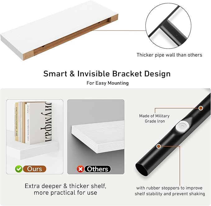 Fun Memories Floating Shelves - 2 Pack 9 Inch Deep Rustic Wooden Wall Shelves - Wall Mounted Storage Shelf with Invisible Brackets, 24" W x 9" D x 1.6" H - White