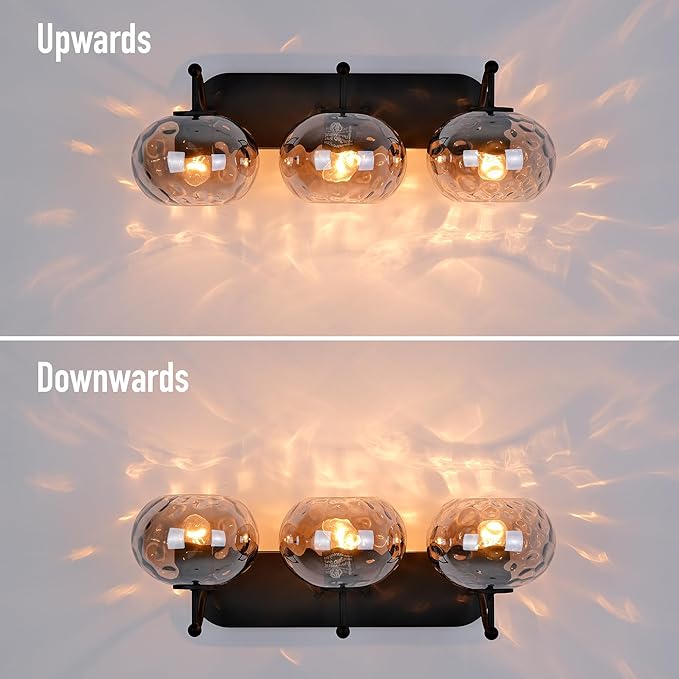 23" Matte Black Vanity Light Smoked Hammered Glass Wall Sconce 3-Light Grey Lampshade Wall Lamp for Hallway Living Room Stairwell Bathroom Over Mirror