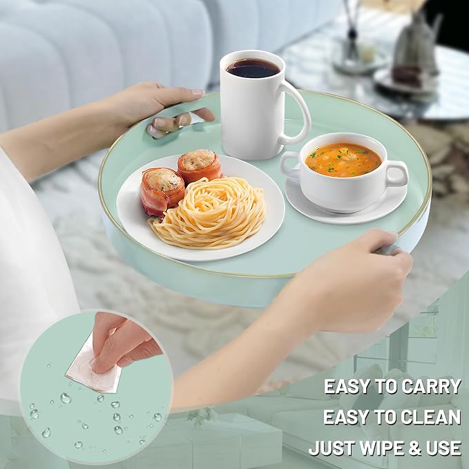 MAONAME Mint Green Decorative Tray for Coffee Table, Modern Round Serving Trays with Handles, 13" Plastic Tea Trays for Ottoman, Bathroom Decor