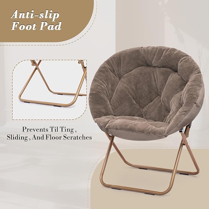 Athena Collection Saucer Chair with Ottoman Comfy Chair for Bed Room Living Room Folding Round Cozy Chair Faux Fur Metal Frame Foldable Lazy Chair Accent Chair Reading Chair Set of 2, Brown