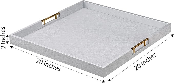 20x20 Inches Large Silver Faux Leather Wrapped Wood Ottoman Tray with Handles for All Occasions, Serving Food Breakfast On Bed, Home Decor Decorative, Living Room,Square Coffee Table Organizer