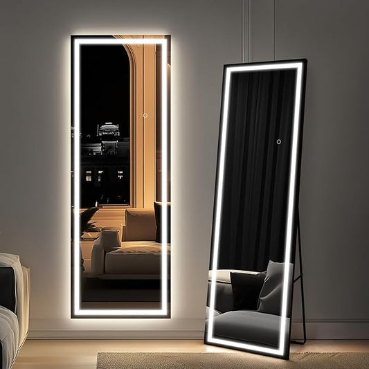 Kosmonia 65x24 Full Length Mirror, Dimmable 3 Color LED Light w/Light Memory, Distortion Free Silver Coating Mirror, HD Reflection &Anti Desilvering,Tempered Glass &Shatter Proof Film Doubles Safety