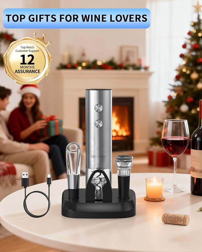 CIRCLE JOY Electric Wine Opener Stainless Steel Rechargeable Automatic Wine Bottle Opener Set 6-in-1 Top Gifts for Wine Lovers with Charging Base, Foil Cutter, Wine Aerator Pourer & 2 Vacuum Stoppers